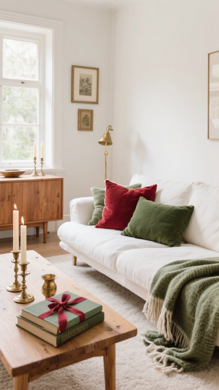 Wide living room shot focused on a soft, storybook color palette: creamy whites as the dominant neutral, cranberry accents, sage and forest green textiles, warm wood furniture, and subtle antique brass touches (candlesticks, frames) with matte finishes. Colors echoed in small hits—ribbons on books, pillows, a throw, and taper candles. Overall Scandi-leaning calm, evenly diffused warm light, no high-gloss surfaces, cozy and serene mood.