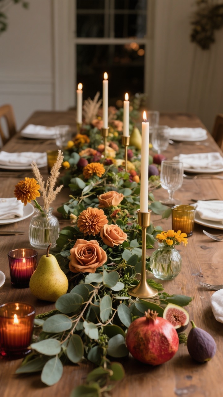 Wide, low-angle room shot of a dining table featuring centerpieces that preserve sightlines. A low, lush floral runner made of eucalyptus and magnolia leaves sprawls down the center, with tucked-in mums, ranunculus, and roses in autumn shades. Produce-as-decor—pears, pomegranates, and figs—scattered sculpturally along the greenery. Clustered mismatched bud vases (marigolds, dahlias, dried grasses) arranged in odd numbers. Add a trio of slender brass taper holders with varying taper heights, leaving negative space between elements. Keep centerpieces below 10 inches; place unscented tea lights in colored glass for subtle sparkle. Warm evening ambiance; clear 18–24 inches in front of each place setting; no people.