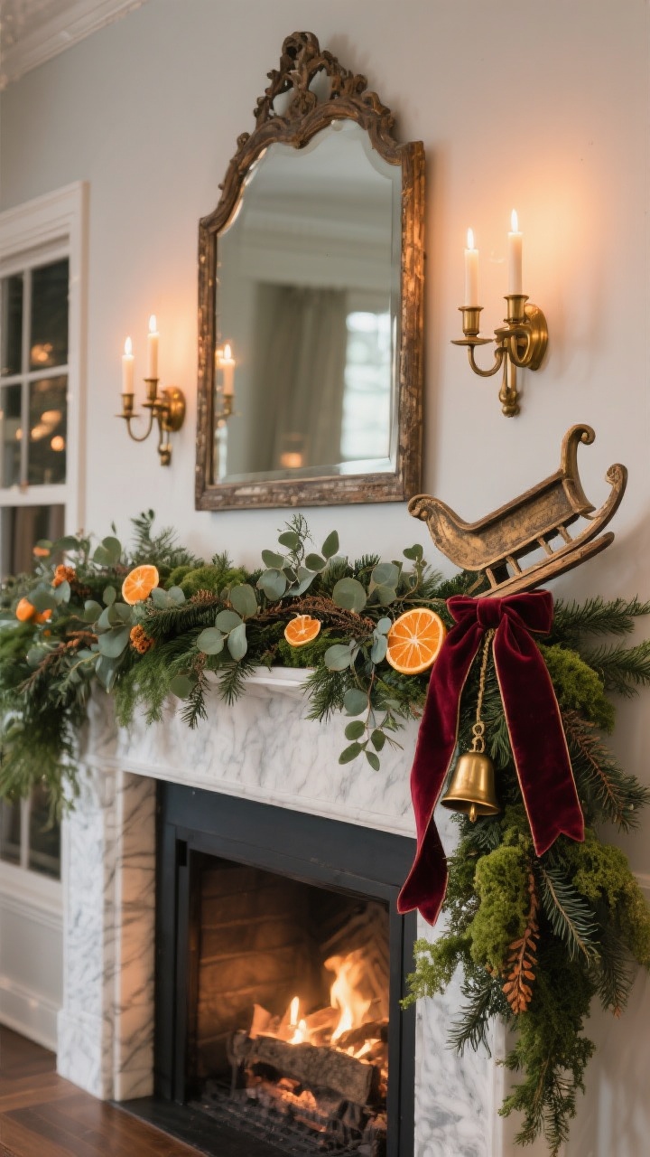 Wide mantel shot, slightly angled: a thick evergreen garland secured along the mantel, layered with eucalyptus, juniper, and dried orange slices; antique brass sleigh bells draped to one side; velvet ribbon tails in burgundy and moss cascading; an aged vintage mirror centered above; optional brass sconces with tapers flanking the mirror; warm candlelight and soft evening ambiance; photorealistic.