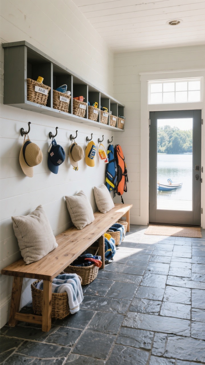 Wide mudroom entry: hardworking landing zone with textured slate or brick-look porcelain tile flooring, wall of sturdy hooks (one per person), cubbies with labeled baskets for hats and sunscreen, and a long wooden bench with washable outdoor-fabric cushions in neutral tones; wet towels and lake gear neatly corralled; durable, practical vibe, natural daylight with balanced shadows, straight-on perspective.
