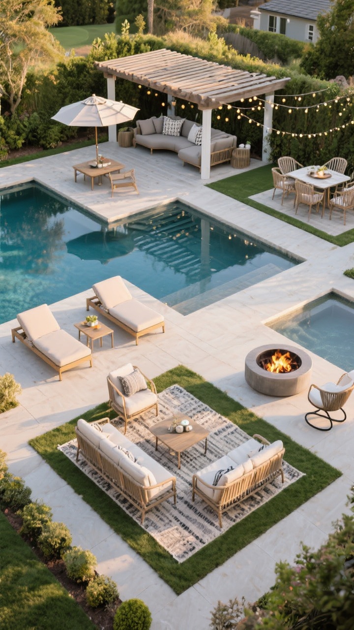 Wide overhead/oblique shot, late afternoon: A mini-resort backyard divided into clear micro-zones around the pool. Show a symmetrical sun deck with two loungers, a low table, and a chic umbrella; a shaded lounge under a pergola with deep seating and performance cushions; a compact dining nook with breathable chairs under string lights; and a fire feature corner with a gas fire bowl and two swivel chairs. Use outdoor rugs to define each zone and visually anchor furniture. Natural, inviting light, no people.