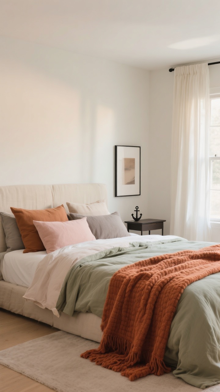 Wide room shot: a cozy bedroom composed around a soft color story, with walls in warm white/light greige, layered bedding in oat milk, caramel, mushroom gray, blush clay, and soft sage tones; cream sheer curtains filter daylight, a chunky terracotta throw drapes across the foot of the bed, and small dark anchors in espresso/charcoal appear as a slim black metal picture frame and a charcoal side table; art and textiles stick to dusty, muted hues to avoid chill; natural, soft morning light; no people; photorealistic.