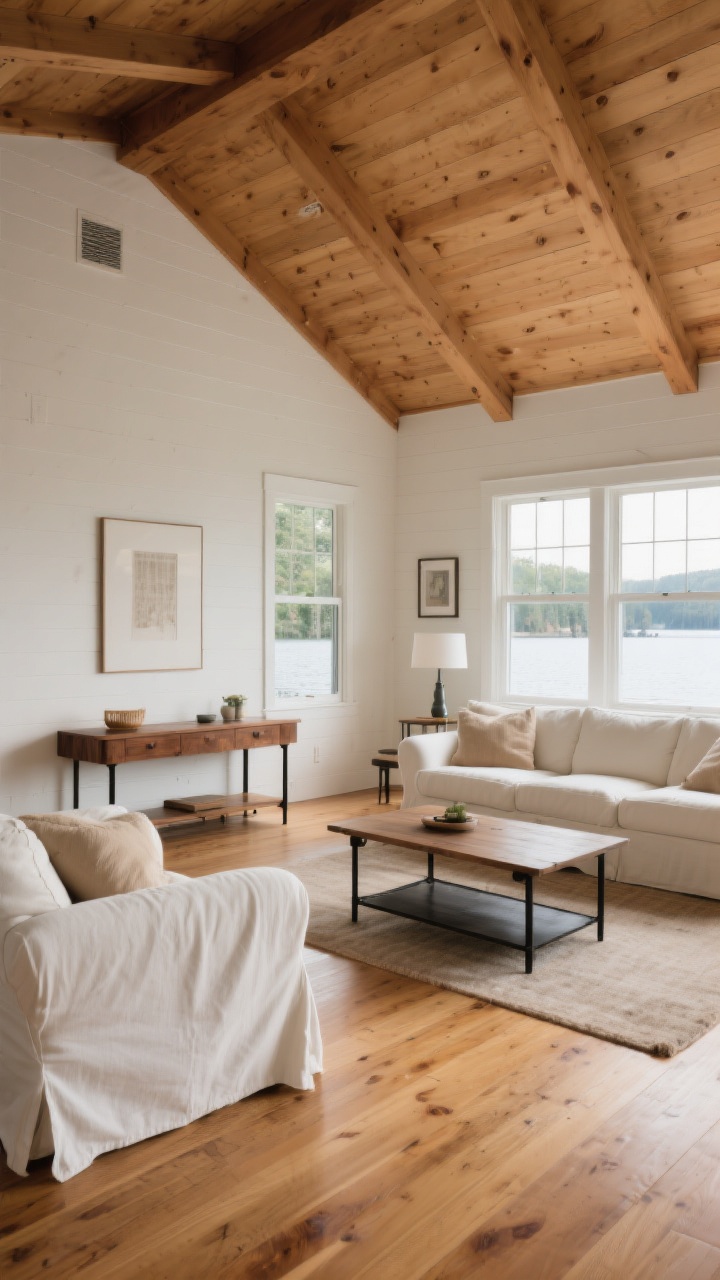 Wide room shot: a cozy lake house living room with honey-toned oak floors, matte off-white walls in eggshell, and a pine plank ceiling; a walnut console table against the wall, creamy white slipcovered sofas with sand-colored slipcovers, and accents of blackened steel in the coffee table legs; natural daylight from large windows, minimal decor for a “zero fuss” look, photorealistic, straight-on perspective.