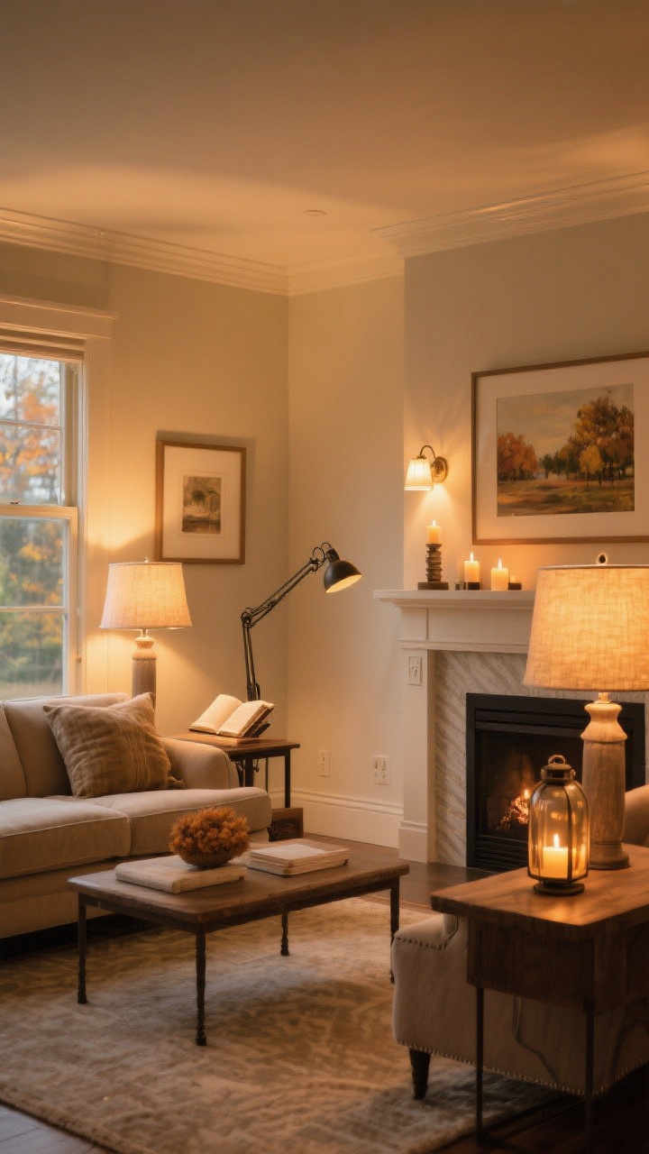 Wide room shot: A golden-hour-inspired living room with layered lighting. Ambient lighting from two table lamps with fabric shades and warm 2700–3000K bulbs; a swing-arm task lamp positioned by the sofa for reading; accent lighting via picture lights over artwork and LED candles or a glow-y lantern on the mantel/console. Dimmers implied by gentle gradients of light. Overall warm, cozy atmosphere with no harsh overhead light. Neutral, fall-friendly palette, no people.