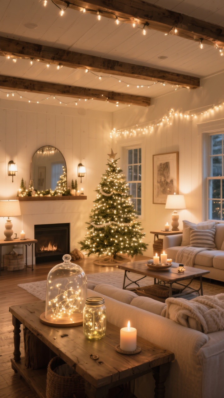 Wide room shot — A warmly lit farmhouse living space showcasing layered lighting: warm white 2700–3000K bulbs in table lamps and sconces, twinkle lights woven deep and then near the surface of the Christmas tree for dimension, candles glowing on side tables, and dimmer-set ambient light; a glass cloche and mason jar filled with fairy lights on a console; neutral palette, soft highlights on wood and textiles, flattering, glare-free glow.