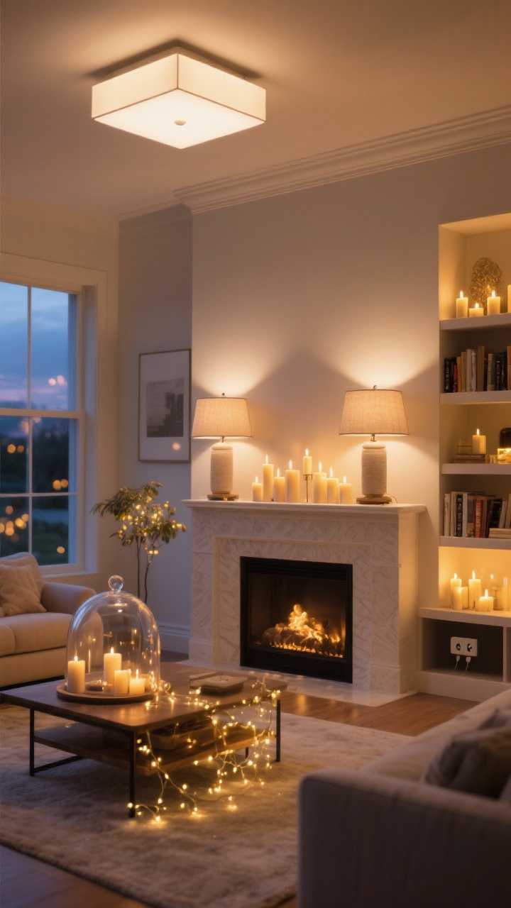 Wide room shot at dusk: a living room glowing with 2700K warm white lighting—overhead light dimmed, two table lamps with linen shades, clusters of candles (real or LED) in varying heights on the mantle and coffee table, and fairy lights tucked into a glass cloche on a shelf and along a bookcase; smart plugs implied by synchronized glow; soft golden bokeh, cozy atmosphere, photorealistic.