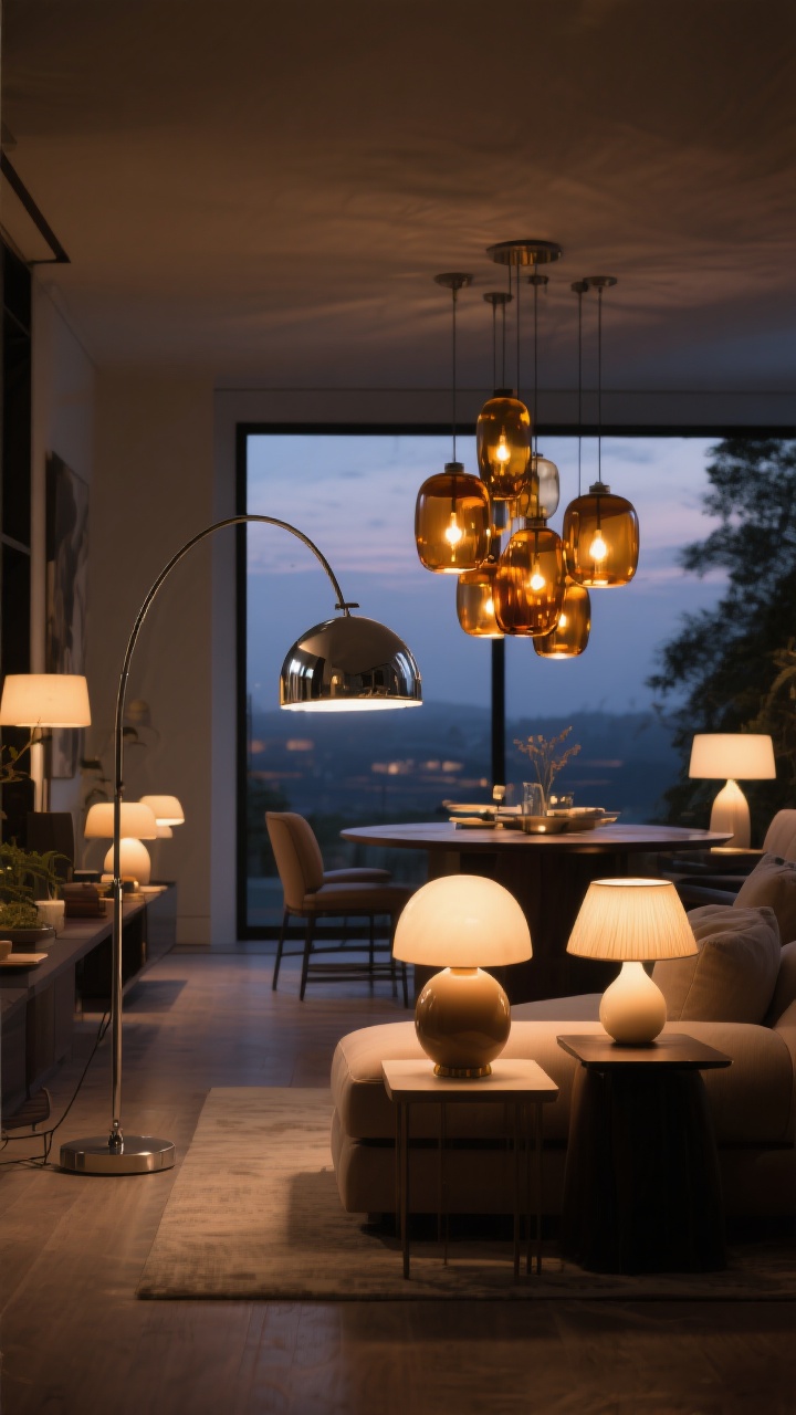 Wide room shot at dusk: Layered moody lighting with an arc floor lamp with a chrome dome shade arcing over a seating area, mushroom lamps and globe lamps glowing on side tables, and a cluster of amber smoked-glass pendants over a dining table in the background; all lights on warm bulbs with visible dimmed ambiance; no harsh overheads; photorealistic.