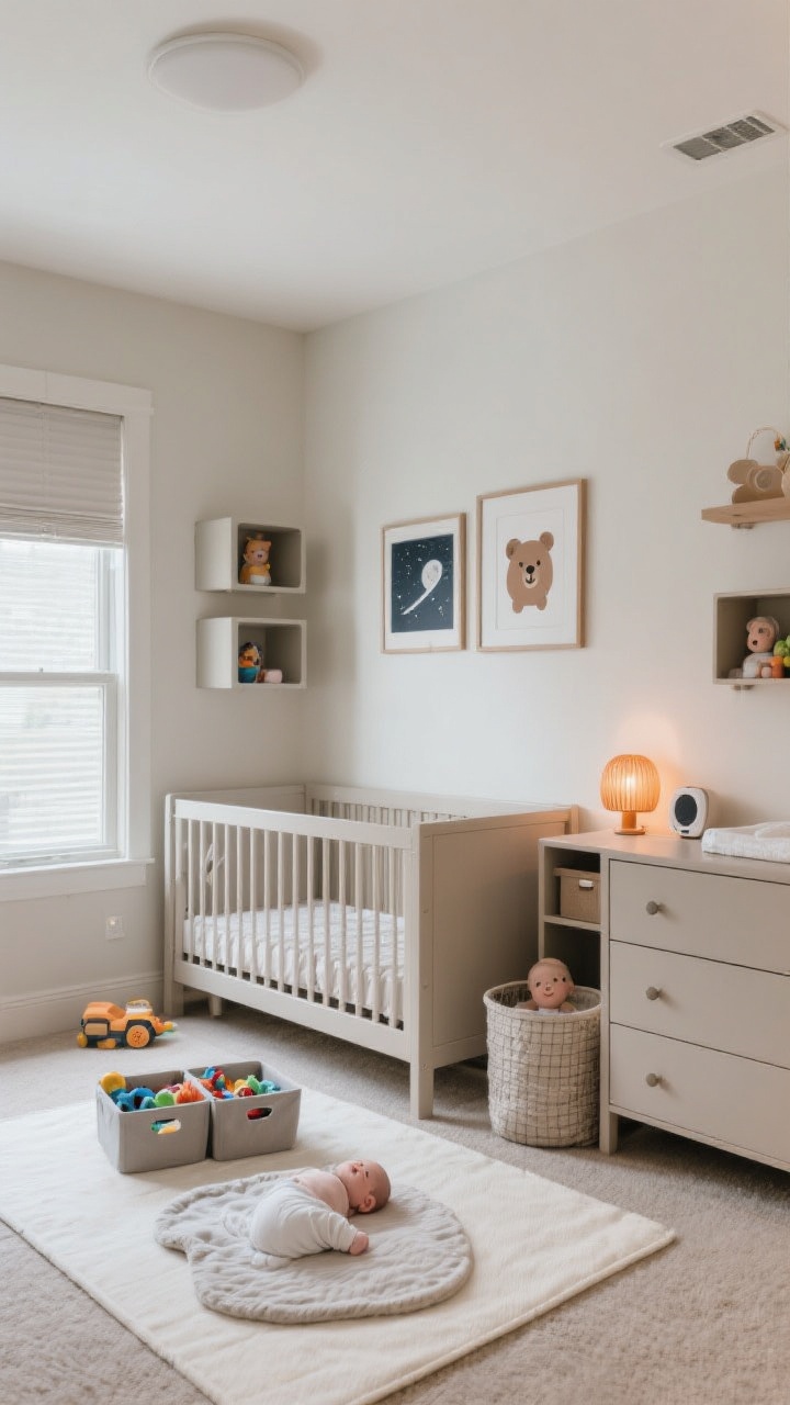Wide room shot designed to grow: convertible crib set up in nursery mode, neutral dresser with simple hardware (hint at future knob swap), cube shelves with open bins at kid height for toys, cordless window coverings, and tall furniture securely anchored to the wall. Swappable decor shown as a mix of neutral art with a couple of playful prints that could transition from baby bears to space themes. Include a soft, washable play mat for tummy time, an amber-toned night light, a laundry hamper by the changing station, and a compact sound machine. Balanced, future-proof, safe.