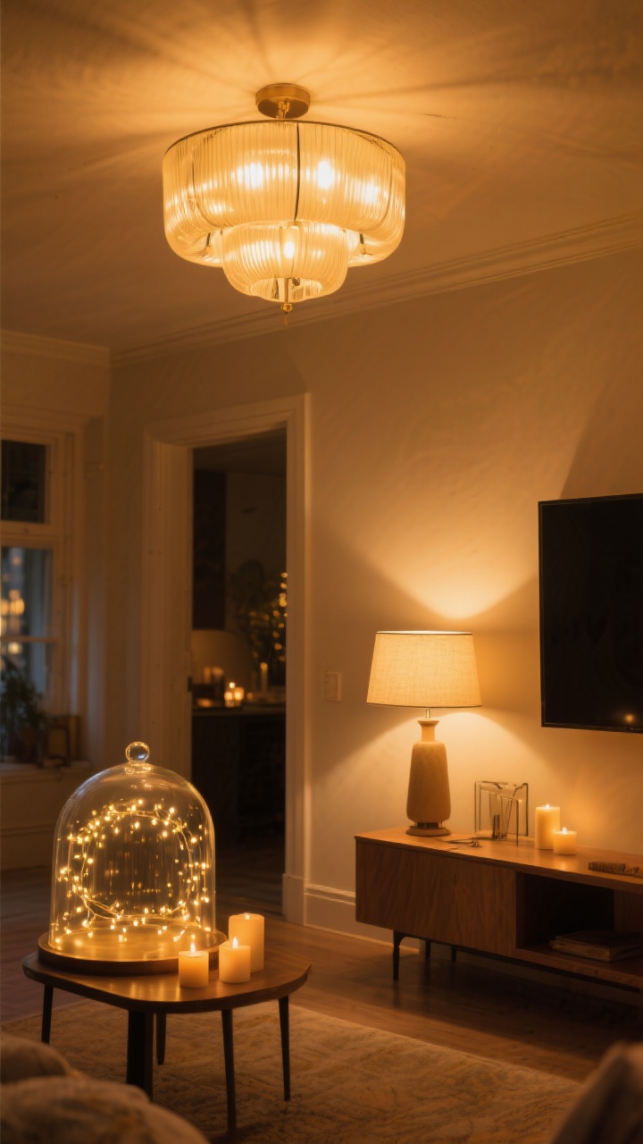 Wide room shot emphasizing ambient lighting: overhead fixture dimmed with warm 2700K bulbs, a small table lamp on a nearby console casting a soft pool of light, and fairy lights gathered inside a glass cloche offering a gentle sparkle; candles present but secondary; overall cozy, golden evening atmosphere; smart, balanced illumination.
