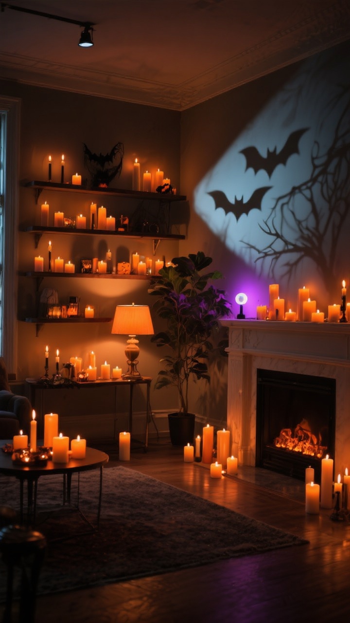 Wide room shot from a corner angle, lights dimmed to emphasize layered Halloween lighting. Dozens of LED candles (pillar, taper, tea lights) scattered at different heights on shelves, mantel, and floor; table lamps fitted with amber bulbs warming the scene; a subtle projector casts delicate bat or branch shadows across one wall; a color-changing smart bulb hidden behind a plant glows dim orange-purple for a tasteful haunted ambiance. Photorealistic, rich shadows, no overhead lights on, no people.