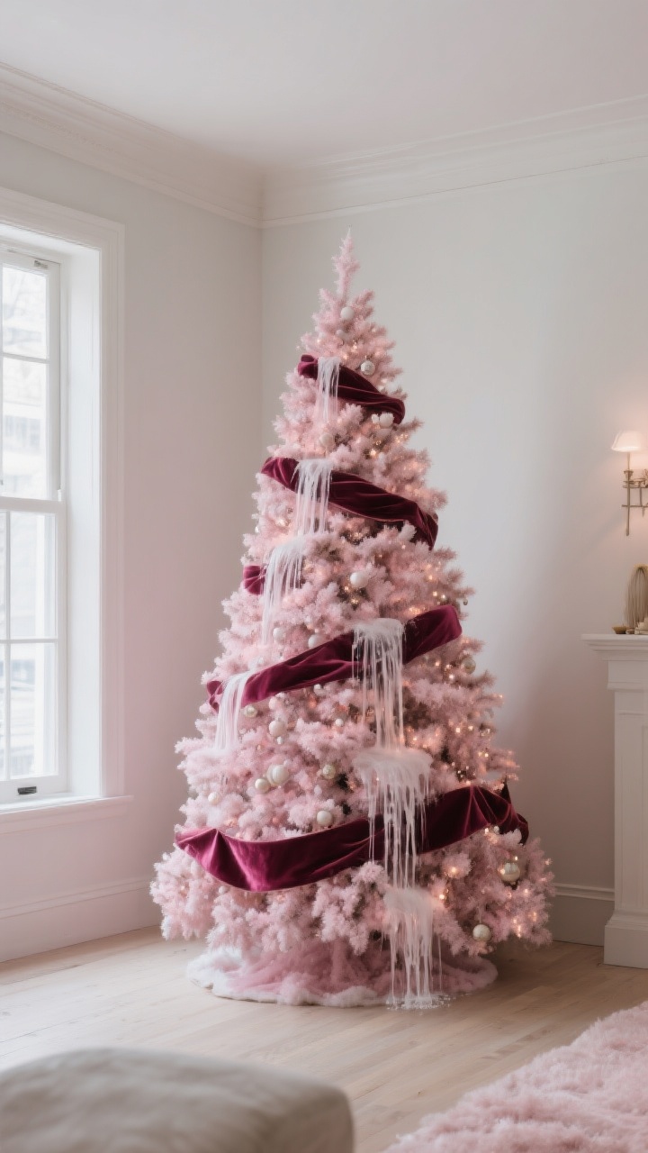 Wide room shot from a corner angle of a flocked pink Christmas tree dressed with velvet ribbon waterfalls: