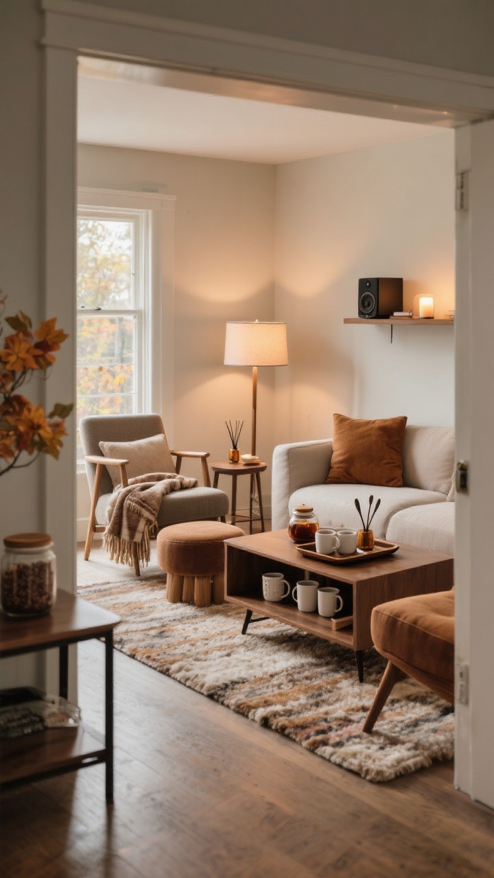 Wide room shot from a doorway perspective: A rearranged, conversation-first fall living room. Seating pulled closer together and floated off the walls to tighten the conversation zone; an inviting reading nook with chair, floor lamp, small side table, throw, and footstool; plush rug layered where feet land (in front of the sofa and under the chair); a tray-based tea/cocoa station on the console with mugs, spoons, and a lidded jar for tea or cocoa mix. Subtle fragrance elements (diffuser and one candle) and a small speaker on a shelf. Warm bulbs and dimmed lighting, photorealistic, no people.