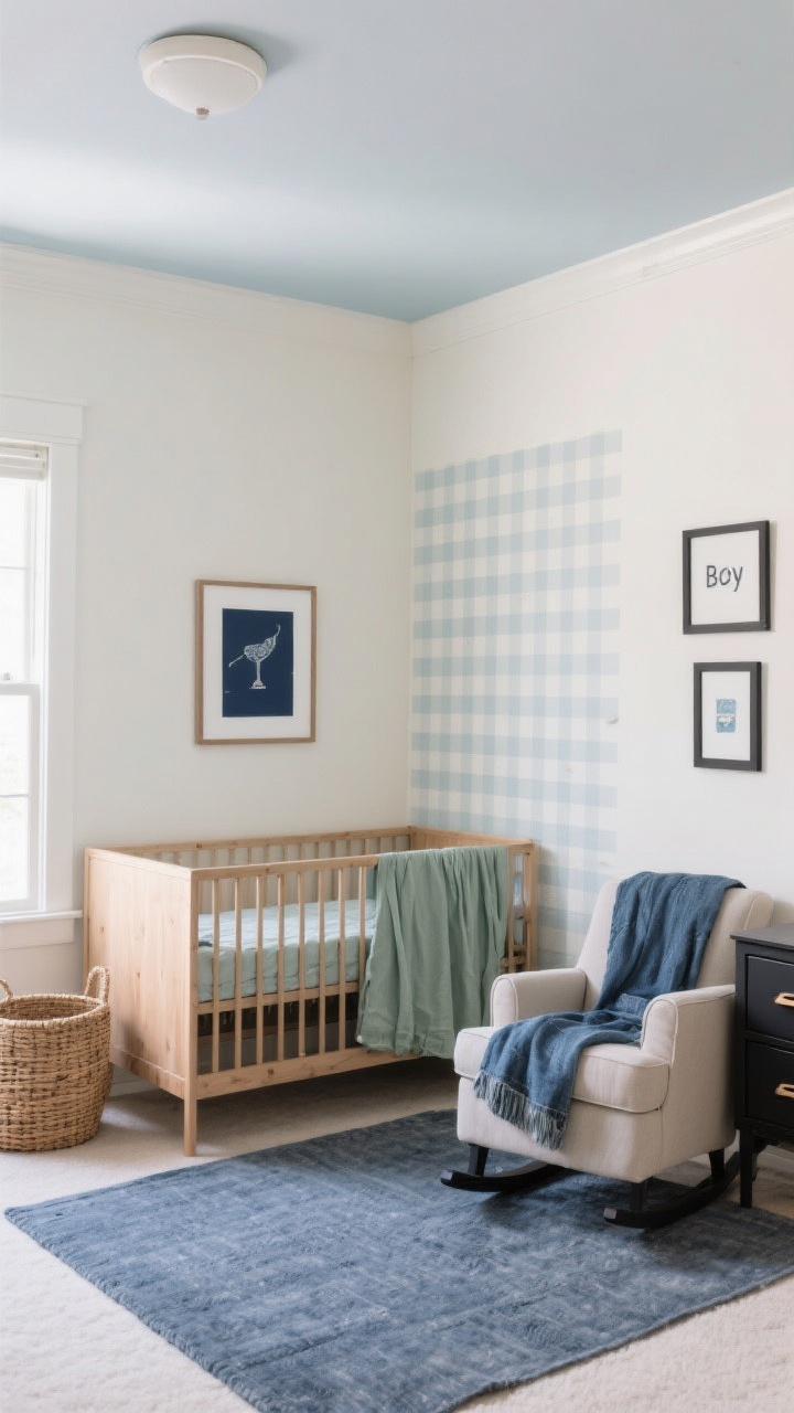 Wide room shot of a boy’s nursery showcasing a calm-but-cool color story: warm white walls in pale greige, a ceiling painted pale blue-gray, natural light softly reflecting. Neutral mushroom-toned wall with a removable peel-and-stick soft plaid wallpaper panel behind a natural wood crib. Accents in dusty blue and sage green via muslin crib sheets and a denim-toned throw over the glider. Matte black and charcoal details on picture frames and drawer pulls add contrast. Include an inky navy-framed art print, a rattan basket, and a slate-blue area rug. Straight-on view, daytime, serene mood, photorealistic.