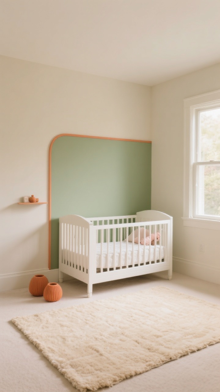 Wide room shot of a calm baby nursery featuring a soft, cohesive color palette: warm neutrals with sage green as the anchor and terracotta as the accent. Two-tone wall with a soft sage color block behind the crib and warm cream trim in eggshell/satin sheen. Natural light at daytime, photo-ready, soothing mood. Minimalist white crib, buttery beige area rug, a few terracotta accents in small decor. Clean, timeless styling, no clutter.
