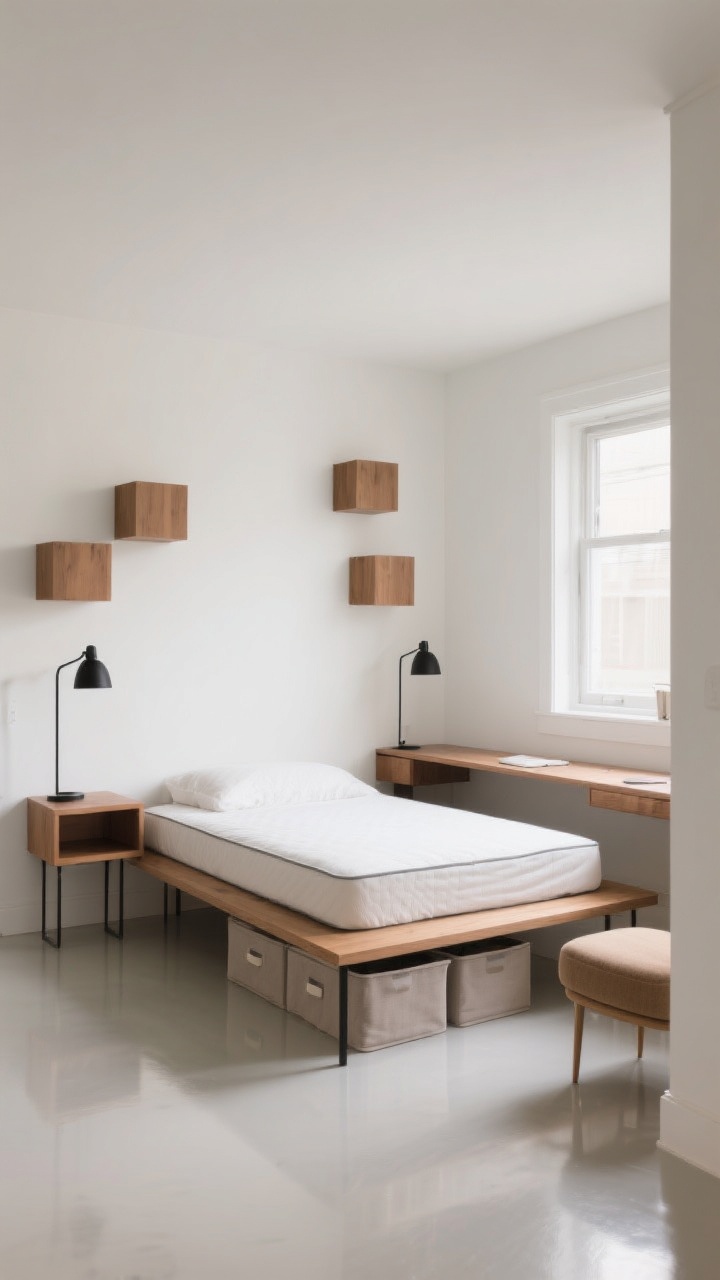 Wide room shot of a compact guest bedroom with a low-profile platform bed on slim legs centered on the widest wall; full-size mattress for better circulation, wall-mounted floating cube shelves as nightstands, hardwired matte black wall sconces instead of lamps, narrow console acting as a desk/vanity with a small ottoman tucked beneath, clear floor with soft-sided under-bed storage bins peeking subtly, furniture depths under 18 inches, neutral palette with warm wood and white walls, natural daylight from a side window, photographed from a corner angle to emphasize open floor and airy, lifted furniture