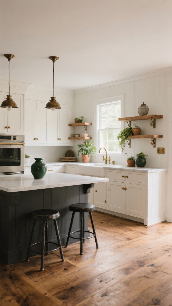 Wide room shot of a cozy farmhouse kitchen palette: off-white cabinets, warm white walls, and a deeper charcoal-painted island; creamy whites, gentle grays, earthy taupes, with moody accents like deep olive pottery and charcoal metal stools. White + wood contrast with natural oak open shelves and a wide-plank warm oak floor. Warm metals (aged brass pulls, aged bronze sconces) and matte finishes throughout. A few potted natural greens soften the scene. Soft morning light from a window creates a warm, lived-in glow; photorealistic, straight-on view.
