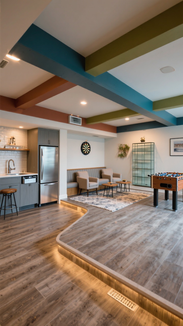 Wide room shot of a zoned basement lounge from a corner angle: distinct Bar Prep Zone with an under-counter fridge, compact bar sink, ice maker, and a small pull-out trash drawer along a wall with luxury vinyl plank flooring; adjacent Seating Zone on a low-pile area rug featuring bar stools, a built-in banquette, and two club chairs with small side tables; separate Activity Zone with a dartboard and foosball table set away from glass shelving; visual separation with painted ceiling beams and contrasting paint blocks; clear 36-inch pathways, warm layered lighting, no people.