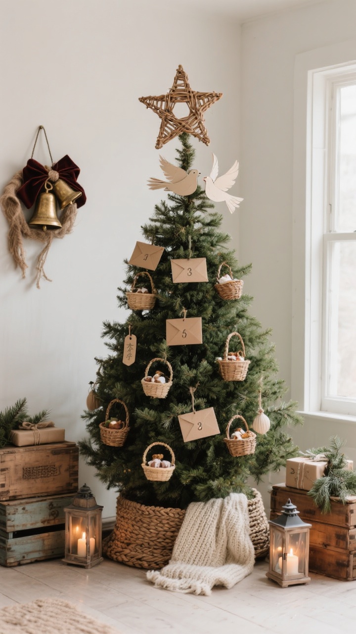 Wide room shot, straight-on, creating a storybook rustic scene centered on the tree’s top and base details. Tree topper options featured together: a woven rattan star perched at the top, with nearby antique-aged brass bells bundled in velvet and jute, and delicate handmade paper doves tucked near the crown. Turn the tree into Advent moments with numbered kraft mini envelopes and tiny woven basket ornaments holding daily treats; a few seeded-paper tags hang like intentions. Ground the look at the base with a woven tree collar and a small knit throw layered around it, flanked by stacked vintage wooden crates holding wrapped gifts and tucked cedar sprigs. Add ambient glow via battery lanterns/hurricane candles near the base for warm, flickering light (no open flames shown). Atmosphere is nostalgic, cozy, and personal.
