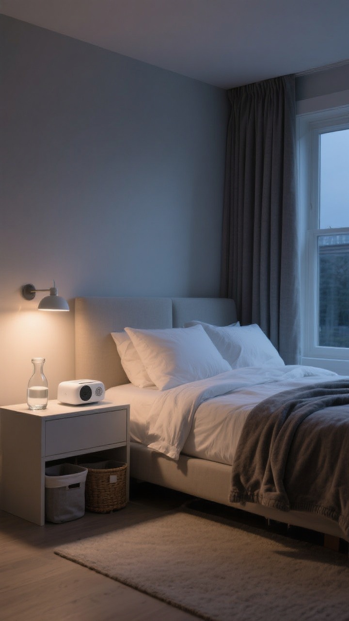 Wide, serene bedroom shot emphasizing sleep-friendly function: flannel or crisp percale sheets on the bed, blackout curtains or liners drawn halfway, a white-noise machine on the nightstand, a carafe and glass of water within reach, and discreet storage like lidded baskets or under-bed bins for visual calm; evening scene with dimmed lights and a subtle diffuser glow; surfaces tidy to convey a simple, restful routine; no people