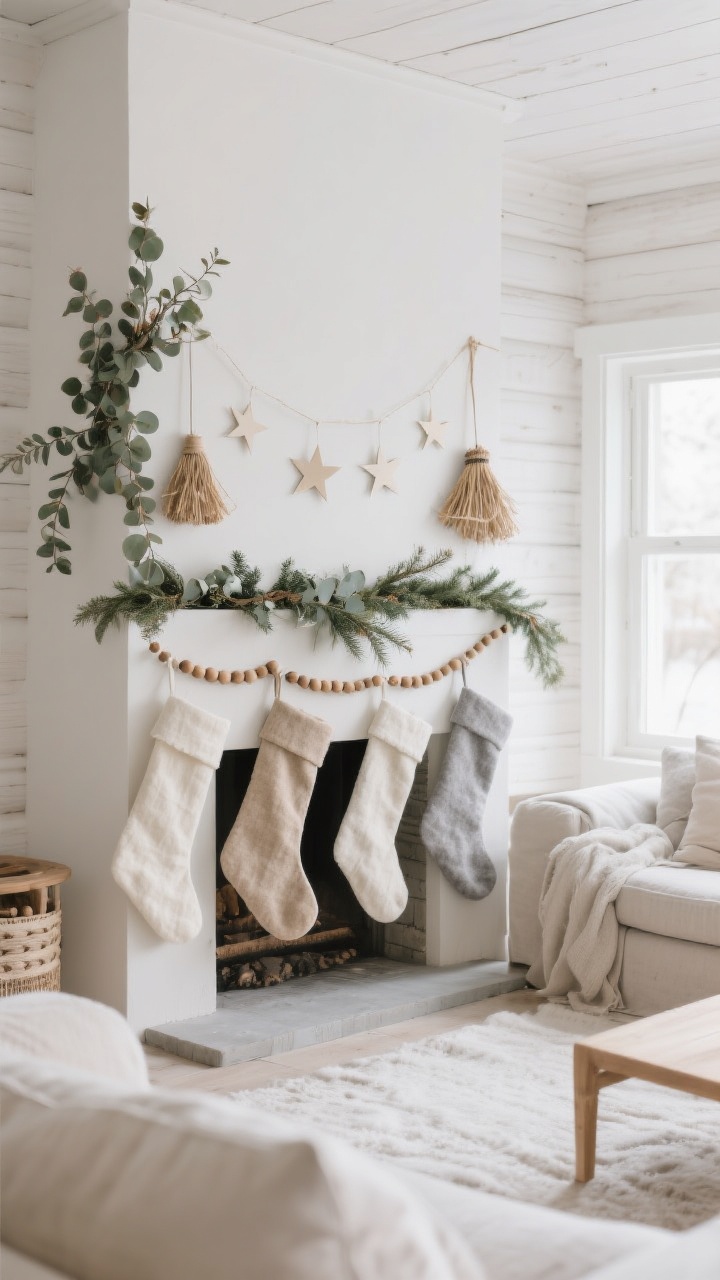 Wide, serene Scandinavian-style living room: neutral linen and felt stockings in cream, oatmeal, and soft gray with clean silhouettes and no heavy cuffs; wooden bead garlands, simple paper stars, and straw ornaments adorning a pared-back mantel; asymmetrical eucalyptus and cedar garland softening lines; minimal, natural materials with daylight filtering in for a calm winter cabin mood; straight-on, uncluttered composition emphasizing texture and negative space.