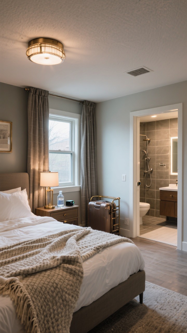 Wide shot: A boutique-feel basement guest suite with an egress window bringing in natural light, queen bed with layered bedding (crisp white sheets, textured throw blanket), warm metal accents, bedside lamps plus a ceiling fixture, blackout curtains partially drawn, a small dresser with a luggage rack nearby, a carafe of water and charging station on the nightstand; adjacent compact bath visible through an open door with a curbless shower, large-format tile, and a lighted mirror, photorealistic, straight-on view.