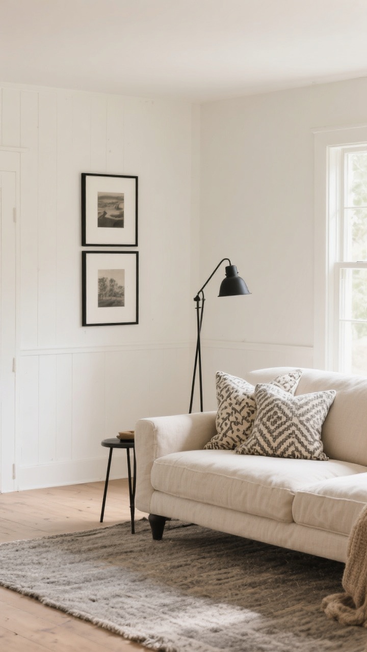 Wide shot: A calm farmhouse living room with creamy white walls (Swiss Coffee/Alabaster vibe), soft beige linen sofa, warm gray area rug, and black-accented elements like slim black metal floor lamp and black picture frames. Natural daylight filters in, highlighting the soothing neutral base; patterned throw pillows provide subtle interest while the major pieces stay neutral. Photorealistic, straight-on view, cozy mood.