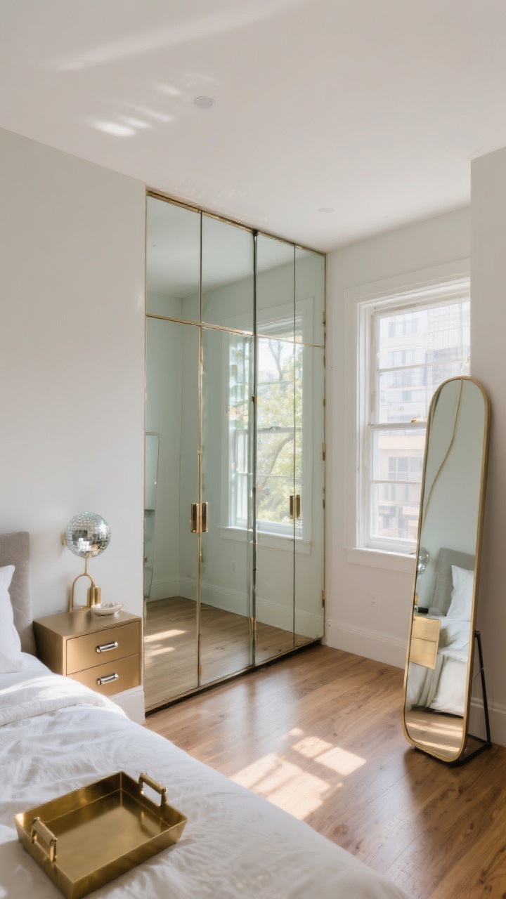 Wide shot: A compact bedroom with mirror magic—floor-to-ceiling mirrored closet doors reflecting a sunlit window opposite, and a leaner mirror in a corner adding height and drama. Subtle metallic accents in brushed brass on a small tray and satin nickel drawer pulls. Daylight bouncing across pale walls and polished wood floor, creating an airy, expanded feel without a “disco ball” effect.