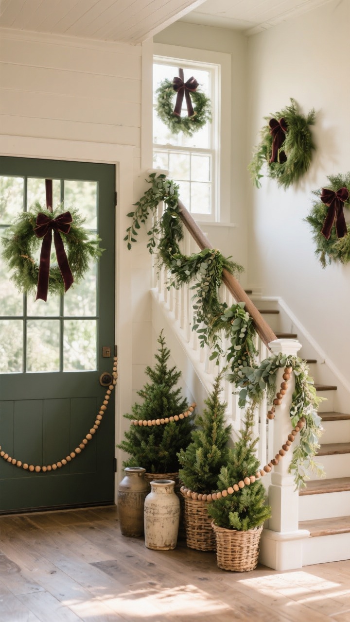 Wide shot — A farmhouse entry and staircase styled with abundant greenery: cedar and eucalyptus garlands draped along the stair rail and doorframe, interior window wreaths with velvet ribbon, and a cluster of mini evergreen trees in wicker baskets and vintage crocks at varying heights; add strands of wood bead garland woven into the greens; warm afternoon light, clean neutral backdrop, subtle luxe vibe.