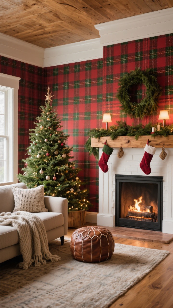 Wide shot: A living room accent wall in classic red-and-green tartan plaid wallpaper behind a Christmas tree and sofa, crisp white trim highlighting the pattern. Style the space with wool throws draped over a neutral sofa, knit pillows, a leather pouf, and simple greenery garlands over a wooden mantel. Include stockings, natural wood accents, and warm ambient evening lighting for a cozy cabin vibe; photorealistic, straight-on view.