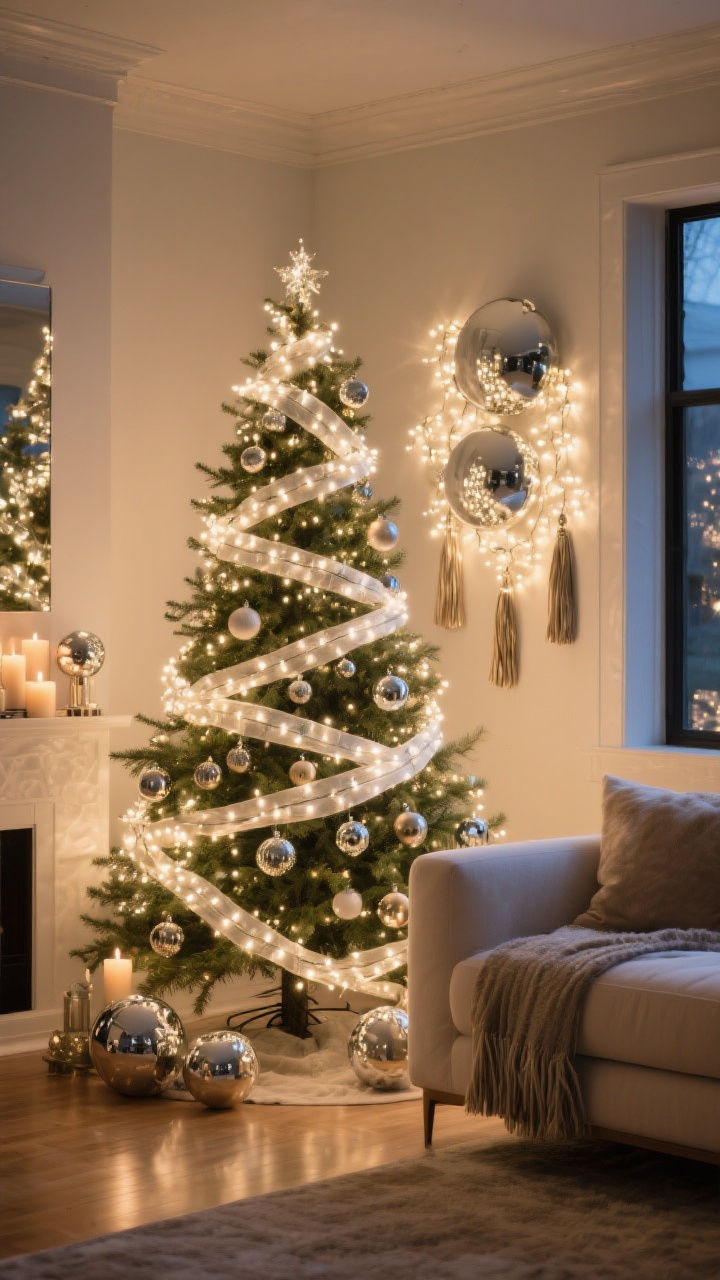Wide shot: A living room corner with a Christmas tree glowing in warm white LEDs, wrapped trunk-to-tip: trunk wrapped first, lights woven along major branch lines, then zigzagged around the exterior. Reflective magic added through mirrored orbs, mercury glass ornaments, and metallic tassels strategically placed near light clusters to bounce illumination. Mix of bulb sizes: standard mini strings plus a few globe and fairy-light clusters for depth. Use a smart-dimmed evening ambience, lights softly subdued to a candlelit tone. Photorealistic, straight-on view capturing the overall shimmer.