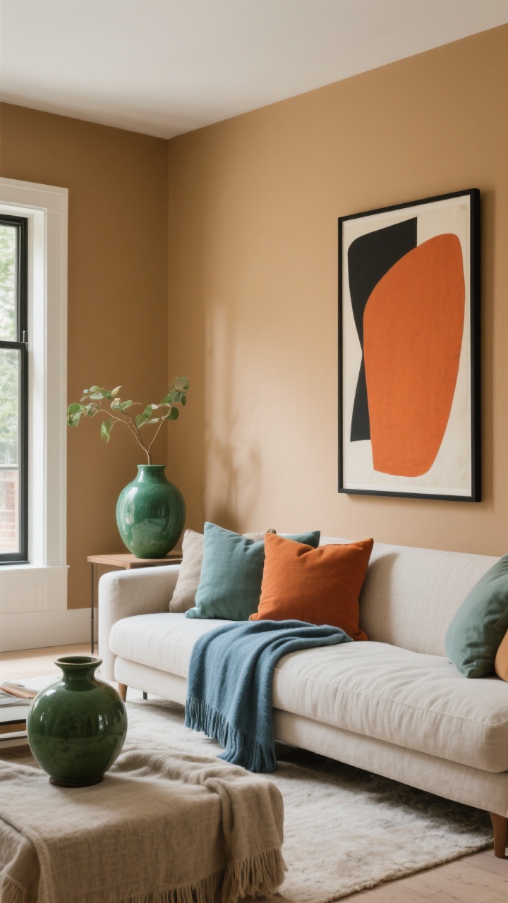 Wide shot: A living room showcasing a cohesive three-color palette—dominant warm tan walls, secondary sage accents, and bold terracotta as the accent—echoed across linen sofa pillows, a dusty blue throw, an emerald ceramic vase, and a black-framed abstract art piece; mixed textures like soft textiles and matte ceramics create a curated, pulled-together vibe under soft natural daylight