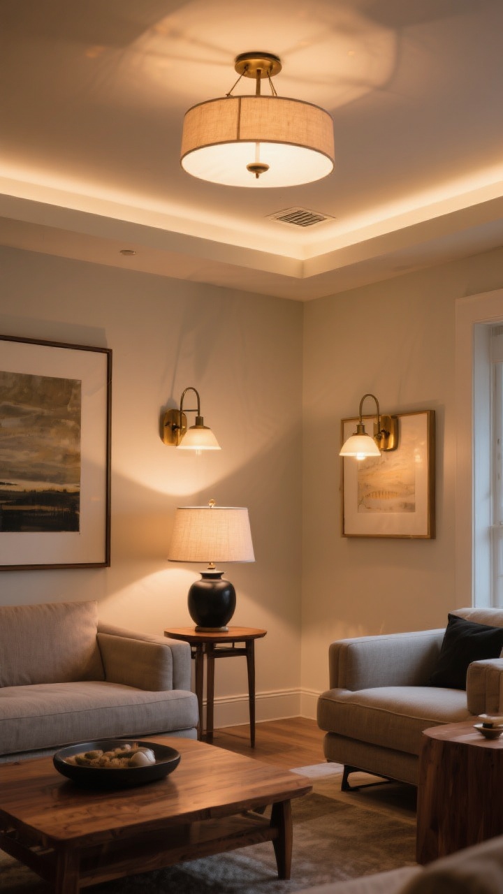 Wide shot: A living room with layered lighting—overhead fixture on a dimmer set low, two table lamps with linen shades casting warm 2700K–3000K light, and black or aged brass wall sconces flanking artwork. Warm, high-CRI bulbs make wood tones look rich; no cool glare. The overall scene feels inviting and flattering, with gentle pools of light at different heights. Photorealistic, corner angle.