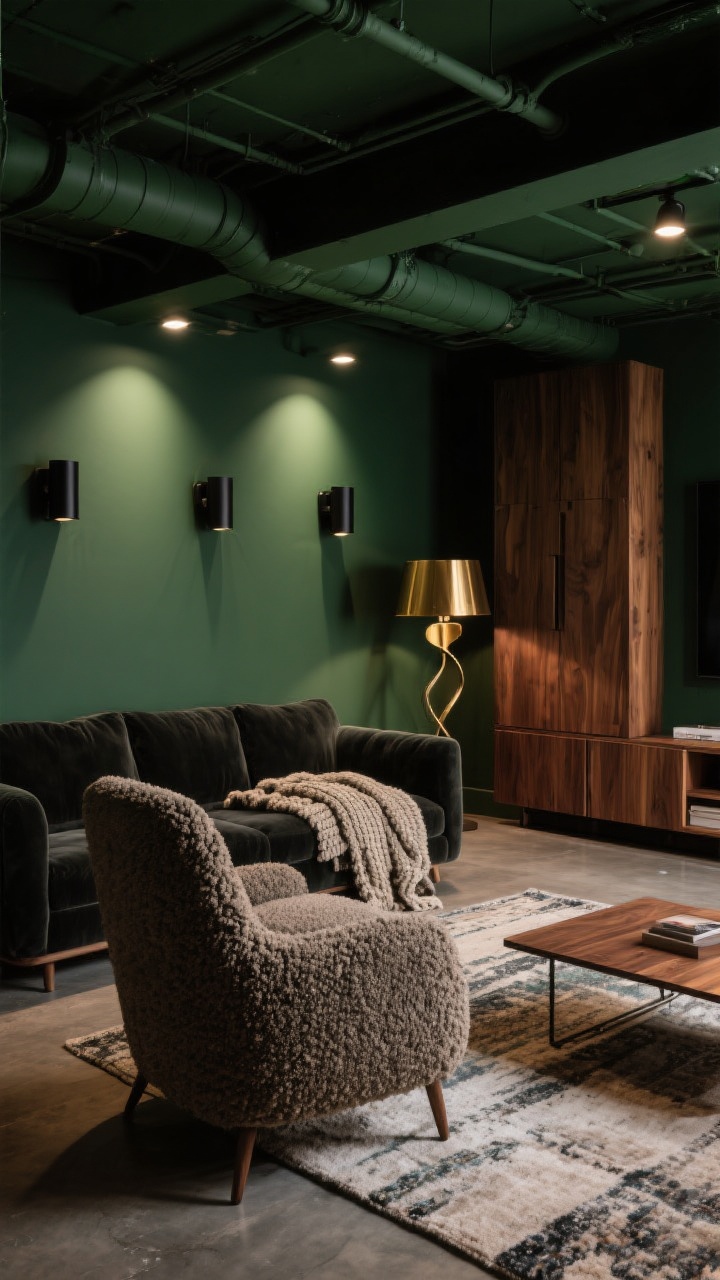 Wide shot: A luxe basement lounge with moody lighting—dimmable recessed lights, matte black wall sconces, and a sculptural brass floor lamp—deep green walls and ceiling (including painted ductwork), a charcoal velvet sectional with bouclé accent chair, chunky knit throws, a soft layered rug warming the concrete floor, warm walnut built-in cabinets concealing clutter, and a low credenza; warm wood tones contrast with the dark palette, photorealistic, corner angle.