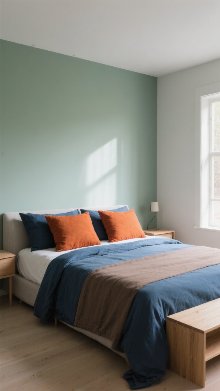 Wide shot: A serene bedroom showcasing a curated calm color story, with walls in soft misty green, bedding in moody blue and warm earthy taupe accents, two main calming base shades with one pop color in rust-orange throw pillows; morning natural light filtering through, minimal decor to emphasize relaxation, neutral oak furniture and a quiet, airy vibe.