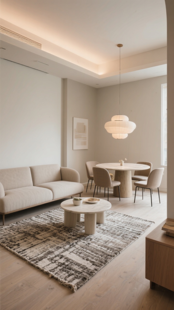 Wide shot: A small combo space playing with scale—one larger anchor per zone; living area with a low-back three-seater sofa and a textured hero rug; dining zone with a round table and four armless, tuck-in dining chairs; a statement pendant over the table balanced by delicate accents elsewhere; no sharp corners, clean sightlines, neutral palette with subtle contrast; warm, even ambient light, slightly elevated corner perspective.