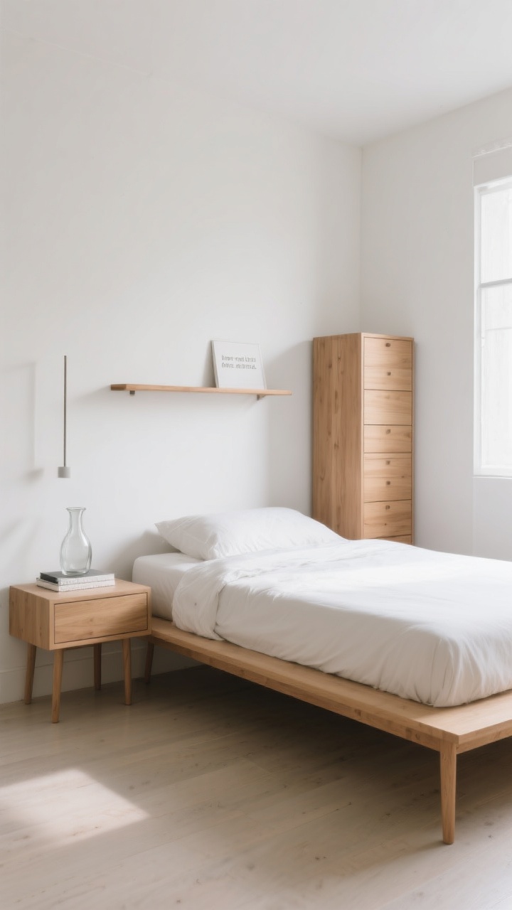 Wide shot: A small minimalist bedroom after a ruthless edit, showing a low-profile platform bed with slim legs in light oak, one single slender wall-mounted shelf acting as a nightstand, and a narrow tall chest instead of a wide dresser. Clean floor space visible under all pieces to emphasize “light and lifted.” Soft natural daylight, neutral palette with warm wood and white walls. No extra furniture or clutter—just essentials like a carafe and a single book on the shelf.