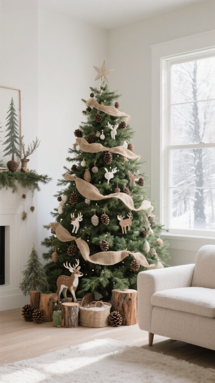 Wide shot: A themed Christmas tree vignette that tells a cohesive story without feeling kitschy—choose “Winter Forest”: greens, wood, pinecones, woodland animal ornaments, and burlap ribbon; neutral room accents support the theme; restrained color palette and natural textures for chic cohesion; soft natural daylight from a window with subtle shadows, photorealistic, no people.