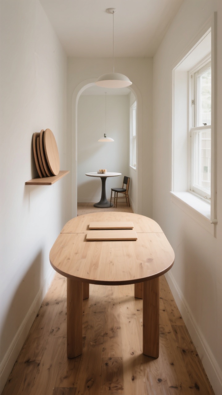 Wide shot: A tiny dining room tailored to a long, narrow footprint with a slim oval extension table (rounded edges) centered on a natural wood floor, soft daylight from a side window. Show an oval table with two removable leaves stacked on a nearby wall shelf, and a round pedestal table option visible in an adjacent nook. Include a small square bistro table tucked against a wall in the background to demonstrate tight-corner placement. No sharp corners near aisles; clear pathways; minimal decor to emphasize how rounded shapes reduce visual bulk. Neutral palette with light walls and subtle shadows to highlight space-saving curves.