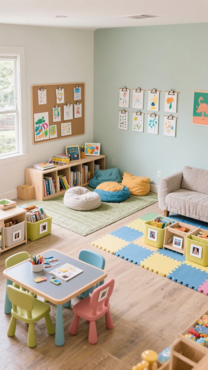 Wide shot: A versatile kids’ playroom divided into zones—reading nook with floor cushions and a low bookshelf, craft table with wipeable surface and kid chairs, soft play area with interlocking foam tiles—low, open labeled bins with picture tags for storage, an art display wall with clipboards and magnetic boards, durable finishes including scrubbable paint, indoor-outdoor rug, and washable slipcovers on a small sofa, photorealistic, overhead angle.