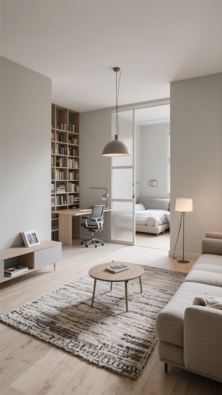 Wide shot: An open-plan studio apartment divided into zones without walls—plush rug anchoring a sofa/lounge area, a flatweave rug under a small dining table with a pendant light above, a floating sofa used as a divider creating a compact “office” with a slim desk and task chair behind it, and a sleeping nook partially screened by a tall open bookcase; low console used as a subtle room divider, floor lamp defining a reading corner; neutral palette with greige walls and soft daylight, no people, photorealistic.