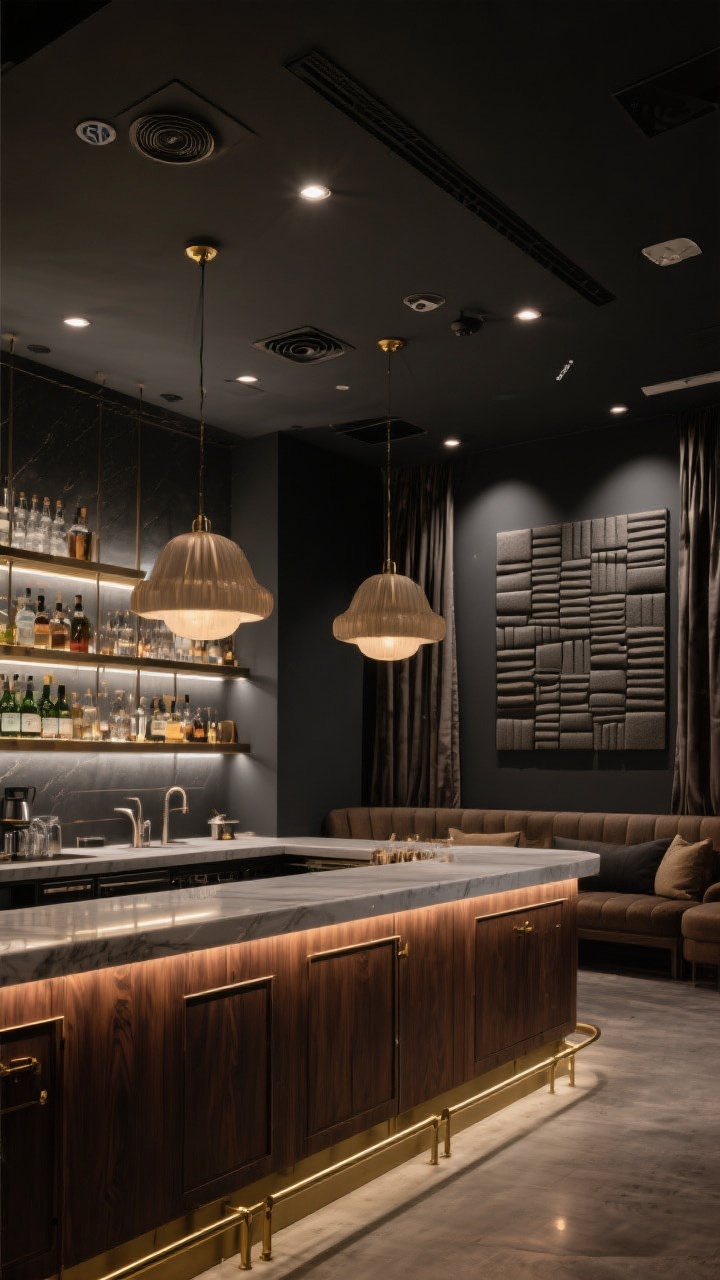 Wide shot capturing mood through lighting, sound, and color: layered lighting plan with recessed task downlights above the prep zone on a separate dimmer; LED strips integrated into back bar shelves and under the bar lip creating a soft accent glow; two oversized statement pendants over the bar; Bluetooth ceiling speakers discreetly recessed; acoustic panels disguised as large-scale art behind seating and heavy curtains at the projector wall; color scheme option shown as dark and dramatic—charcoal walls with walnut cabinetry and brass details; ceiling painted a slightly darker shade to minimize bulkheads; no people.