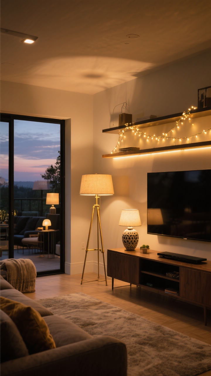 Wide shot, cozy living area at dusk with no overhead lights: pools of warm 2700K light from a brass floor lamp, a ceramic table lamp on a console, and a string of fairy lights draped along a shelf; LED strip backlighting behind a media console/TV creates a soft ambient glow; lamps set at different heights for balanced warmth; matte black accents on frames; overall golden, glowy ambiance, photorealistic.