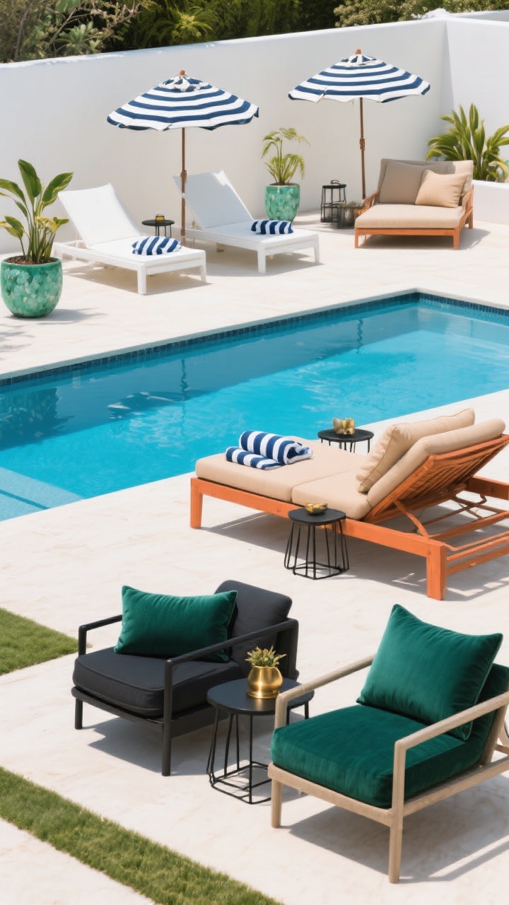 Wide shot, daytime: A cohesive poolside scene built around a tight color story. Show three styled vignettes in one frame, each separated by subtle depth: Coastal Calm with white loungers, soft navy striped towels, and sea-glass green planters; Desert Luxe with sand-colored cushions on terracotta-toned loungers and matte black metal side tables; Tropical Modern with charcoal furniture, emerald cushions, and brass details. Include matching umbrella stripes to the towels in each vignette. Clean blue rectangular pool, crisp shadows, photorealistic, no people.