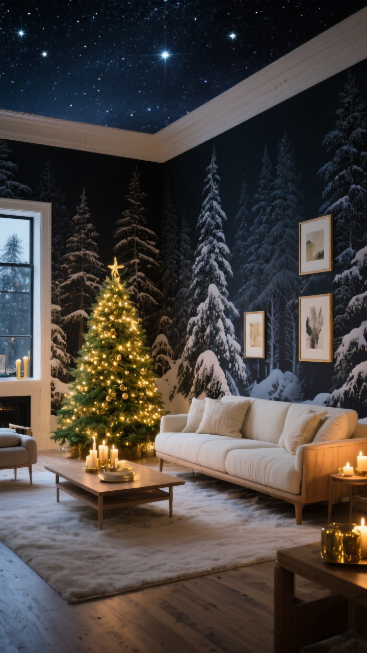 Wide shot: Dramatic living room wrapped in dark, inky midnight forest wallpaper with snow-tipped pines under a starry sky. Balance the moody walls with light wood furniture, cream textiles on the sofa, and warm gold accents. A Christmas tree with a tight palette (gold and green) glows; oversized art in simple frames hangs sparingly. Evening scene with candles and tree lights creating depth; corner angle, photorealistic.
