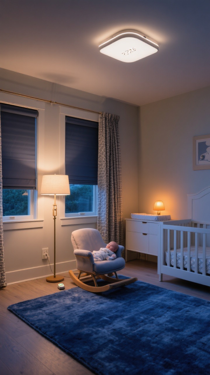 Wide shot emphasizing layered lighting for sleep: a nursery with a dimmable flush-mount ceiling light fitted with a 2700K soft white bulb, a floor lamp by the glider with a foot switch, and a subtle amber-toned night-light near the changing area casting a low glow. Windows dressed with both blackout roller shades and drapery (double layer visible). Deep-blue rug subdued under warm light, overall cozy and drowsy evening ambiance. Include a discreet smart plug near the lamp. Slight corner angle, photorealistic.