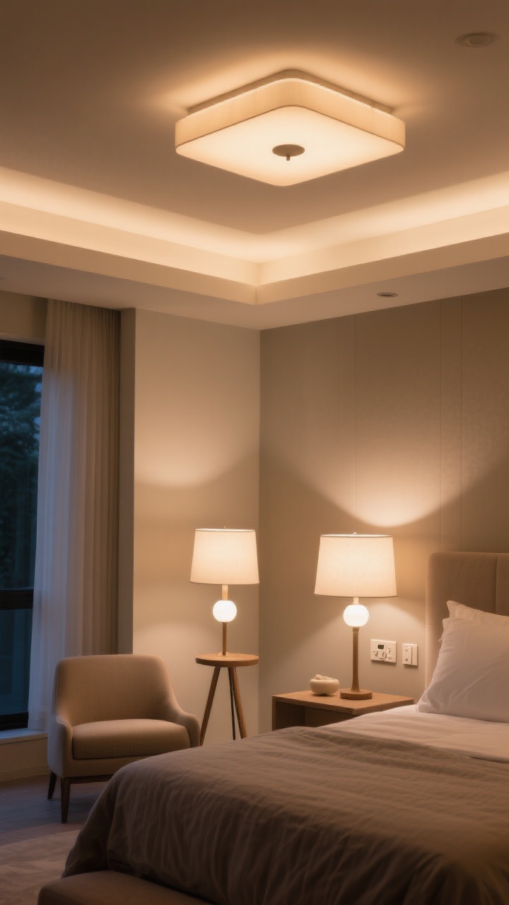 Wide shot emphasizing layered lighting: overhead ceiling light on a dimmer casting a warm 2700–3000K glow, paired with two bedside lamps with separate switches; a small accent floor lamp near a chair adds a gentle pool of light; warm white bulbs create spa-like ambience; clear view of reachable switches from the bed; avoid harsh glare for an inviting, balanced nighttime scene.