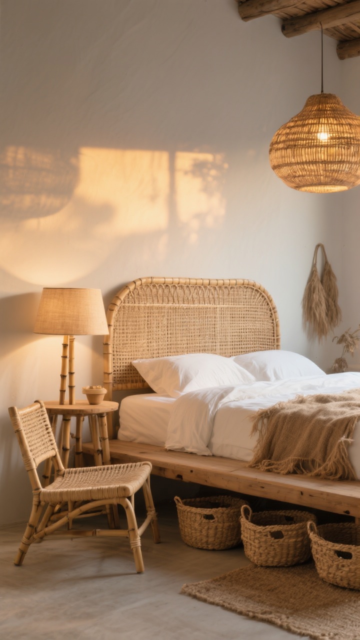 Wide shot emphasizing natural materials: rattan or cane headboard transforming a simple bed frame; woven seagrass baskets for storage at the foot and under a bench; a bamboo table lamp and a large woven pendant casting a soft, dreamy glow. Include jute textures and a touch of cane in a chair. Earthy, calm palette, evening golden-hour light for warmth, straight-on composition. No people.
