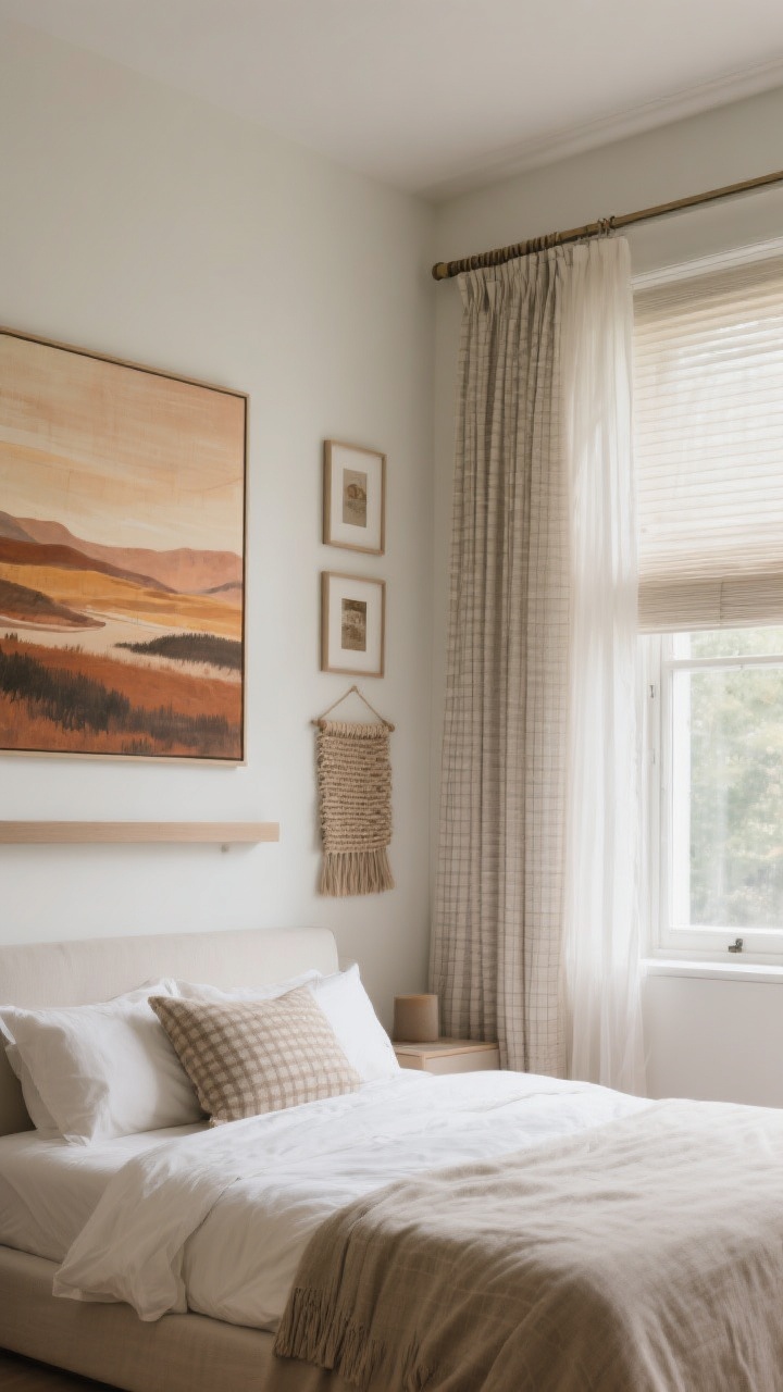 Wide shot focusing on walls and windows: above the bed, a single oversized artwork in warm hues (landscape or abstract) sets the tone; a secondary wall shows a slim picture ledge with a cohesive palette of frames; include a piece of textile art (small woven hanging or framed fabric) for softness; windows are dressed with double layers—airy sheer panels for daytime glow plus heavier drapes for night, rods mounted high and wide to enlarge the window; consider subtle Roman shades in a soft pinstripe or mini check; soft, balanced daylight; photorealistic.