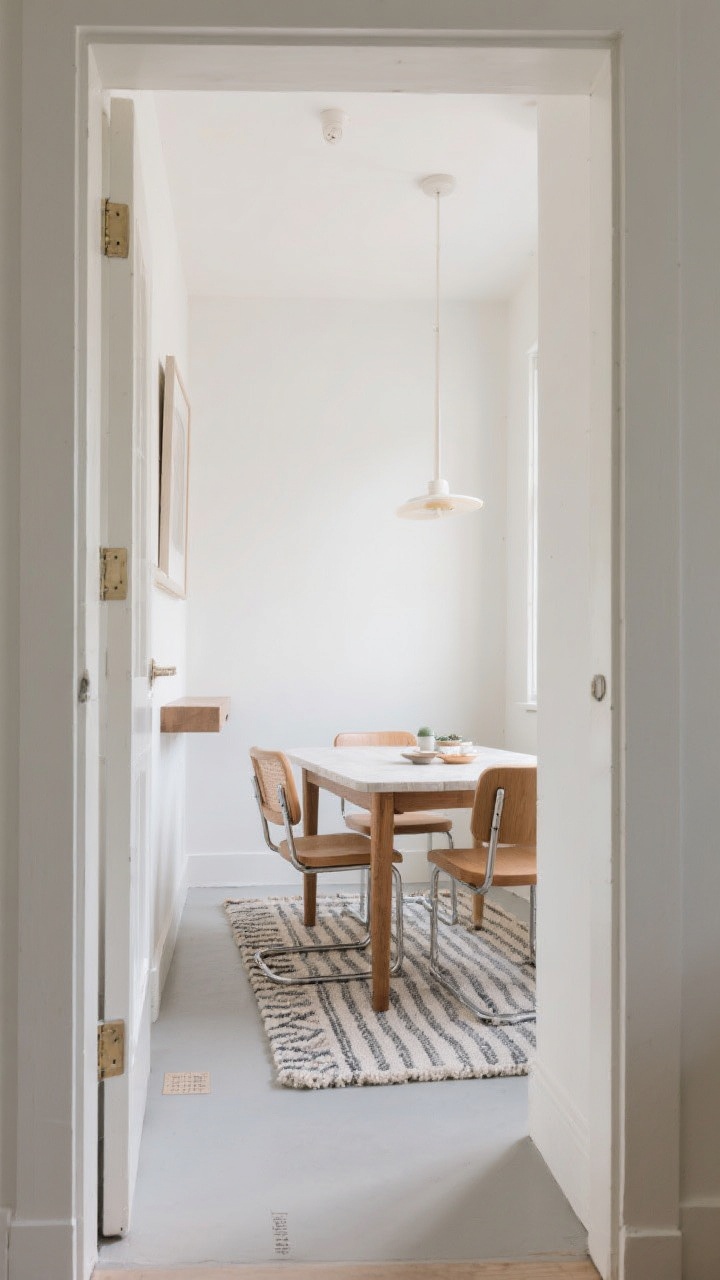 Wide shot from doorway: Tiny dining area anchored by a properly sized rug extending 24 inches beyond the table on all sides, in a flatweave material with a subtle geometric or tonal stripe pattern. Chairs slide easily without catching. Clear walking path of 30–36 inches between table edge and wall/console is visibly maintained. Light walls, simple furniture, and gentle daylight to show the space feels larger and organized.