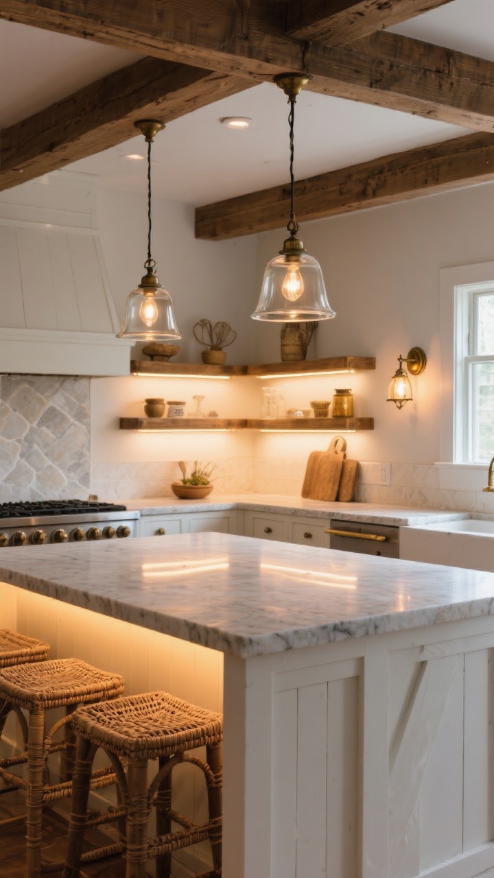 Wide shot highlighting layered lighting in a farmhouse kitchen: over the island hang two bell-shaped glass pendants; under-cabinet warm LED strips cast an evening glow on the counters; wall sconces in aged brass over open shelves add vintage charm. All set to warm bulbs (around 2700K) with dimmed ambient mood. White + wood palette with rattan accents, subtle reflections on honed stone surfaces; slightly elevated angle showing the full lighting plan.
